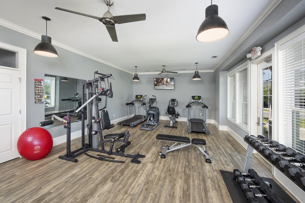 a gym with weights and cardio machines and a ceiling fan