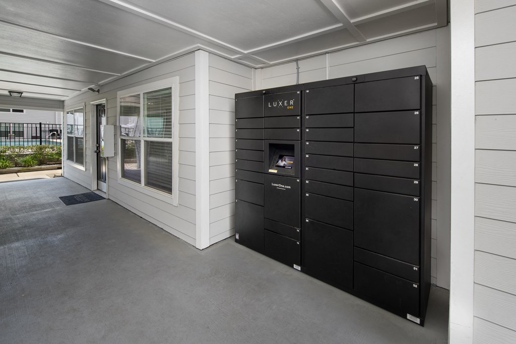 a row of lockers in front of a building
