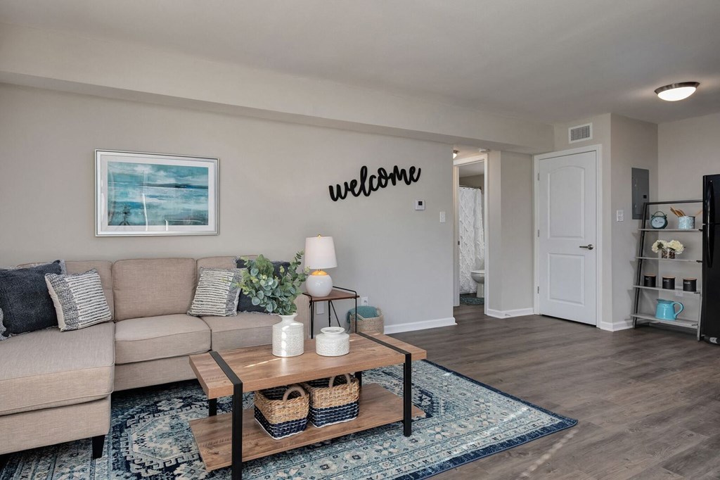 a living room with a couch and a coffee table