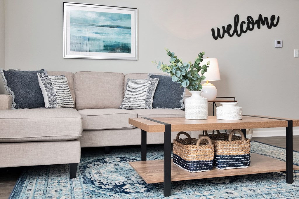 a living room with a couch and a coffee table