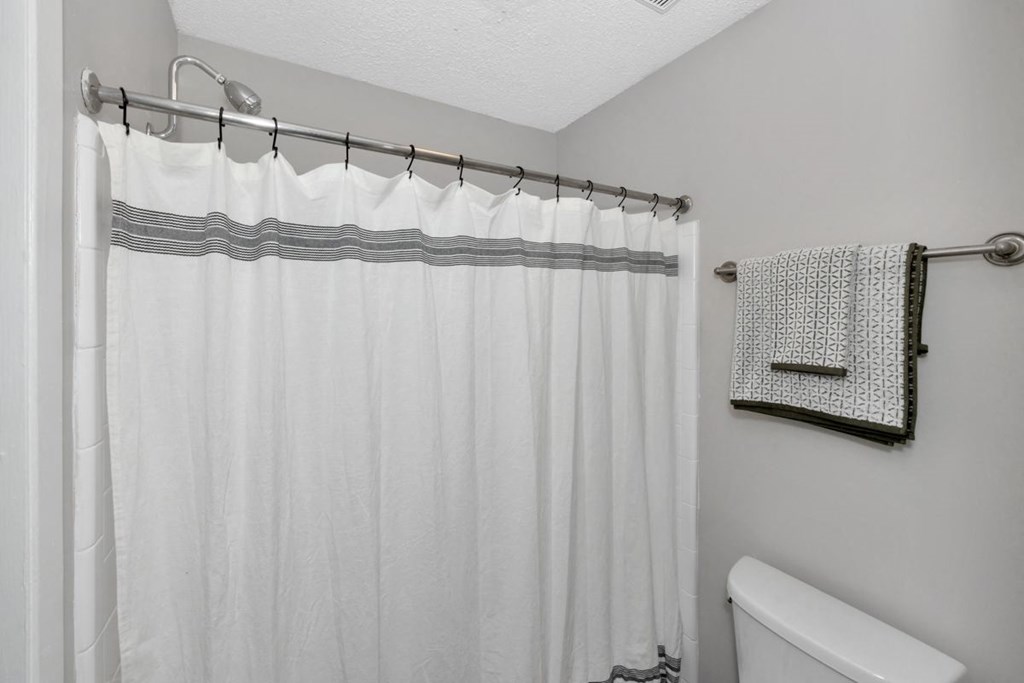 A white bathroom with a shower curtain and a towel rack.