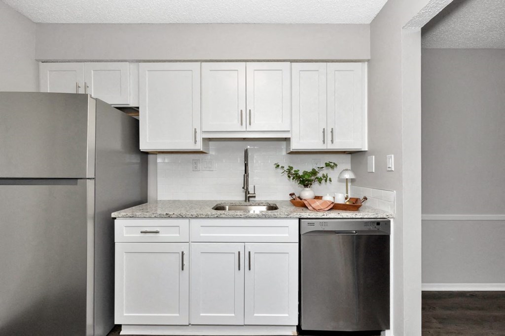 A kitchen with white cabinets and a stainless steel dishwasher.