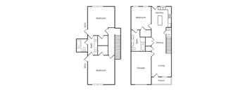 A floor plan of a two bedroom apartment with a garage and a porch.