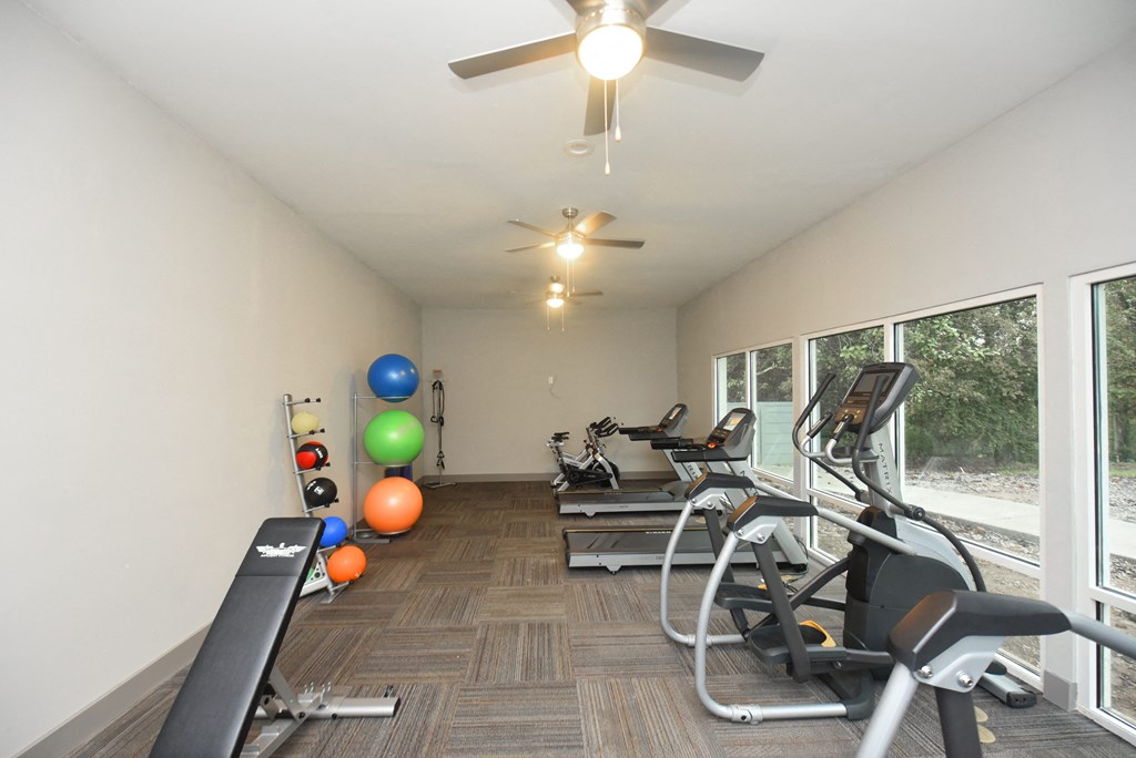 Apartments For Rent In Vestavia Hills, AL - MarQ Vestavia - Fitness Center With Exercise Balls, Large Windows, Ceiling Fans, Workout Bench, Treadmills, And Elliptical Machine