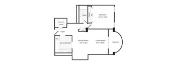 the floor plan of a bedroom apartment with a dining room and a living room