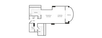 the floor plan of a bedroom apartment with a living room and a dining room