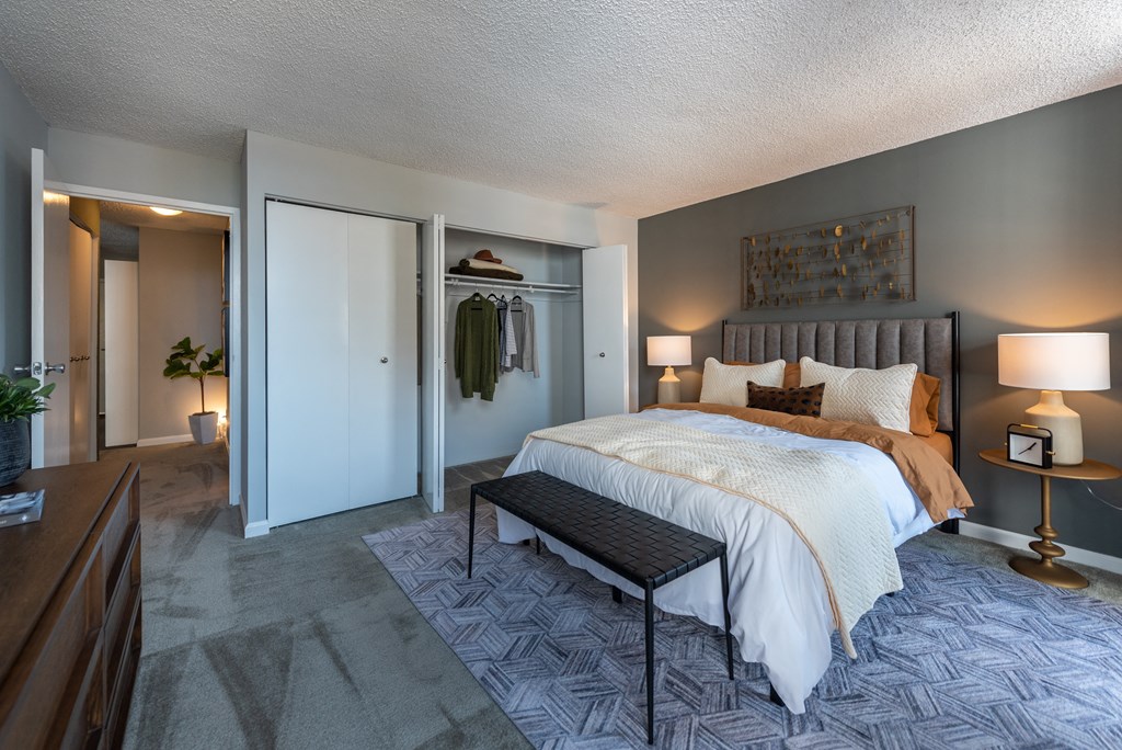 a bedroom with a bed and a closet