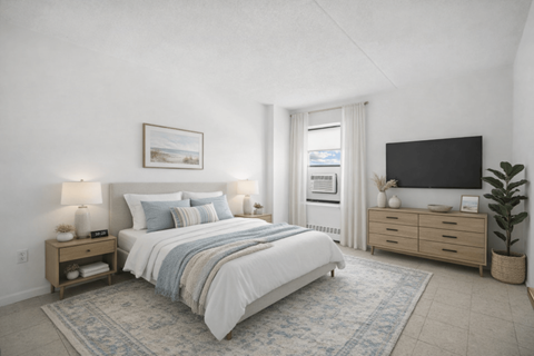 A bedroom with a large bed, a nightstand with a lamp, and a flat-screen TV mounted on the wall.