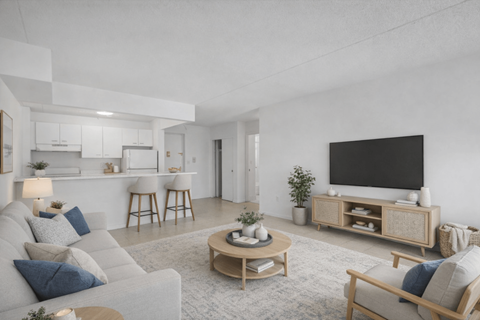 A modern living room with a grey sofa, a wooden coffee table, and a black television.