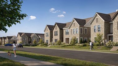 a rendering of a row of houses with people walking on the sidewalk and a dog on the