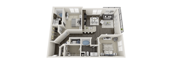 A top-down view of a modern apartment layout.