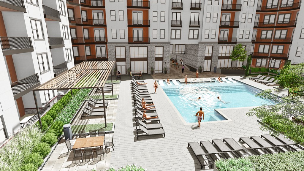 a rendering of an apartment building with a swimming pool