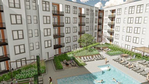 a rendering of an apartment building with a swimming pool