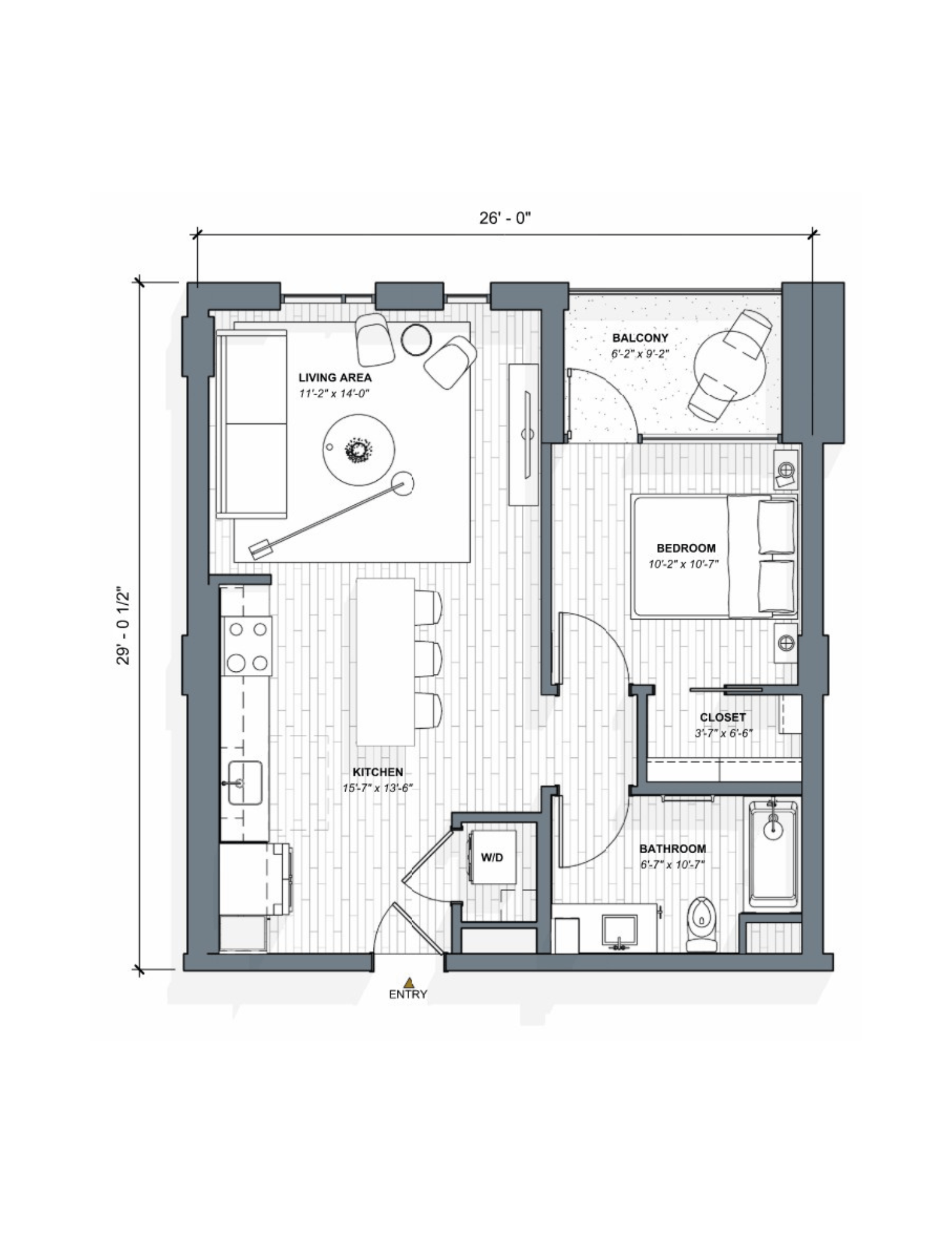 52 TTEN A1 Floorplan, 1 bed 1 bath
