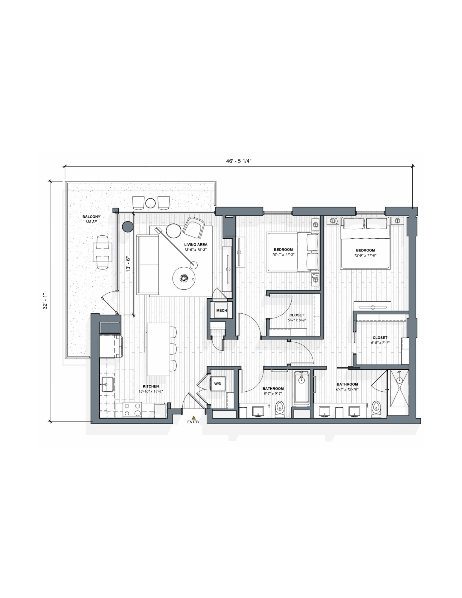 A floor plan of a house with a kitchen, living room, and two bedrooms.