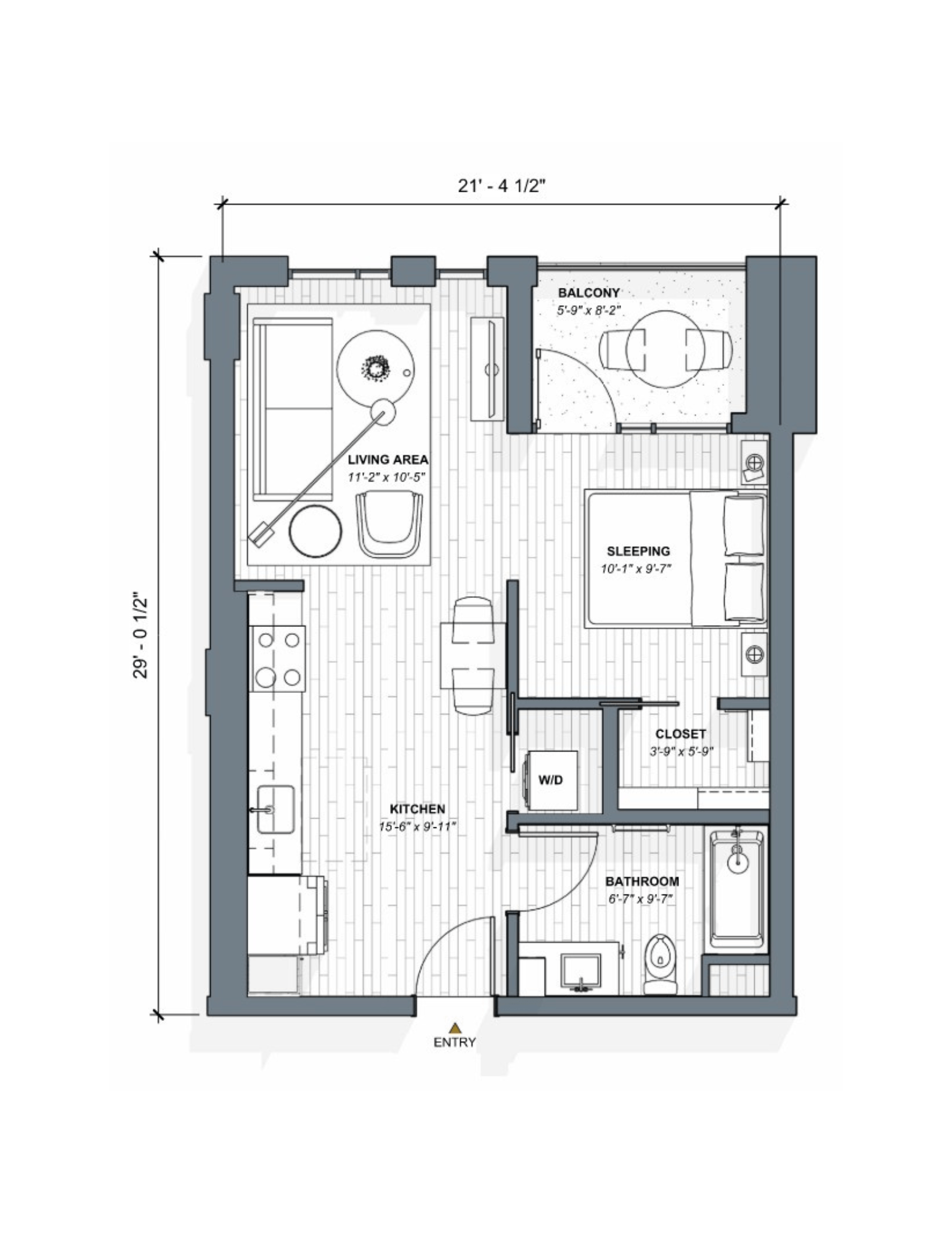 A floor plan of a small apartment with a living area, kitchen, bathroom, and sleeping area.