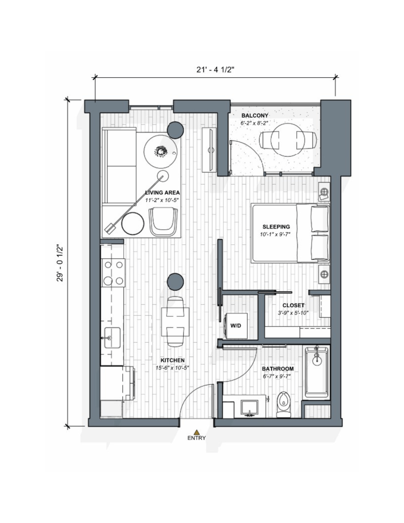 A floor plan of a small apartment with a sleeping area, kitchen, bathroom, and living area.
