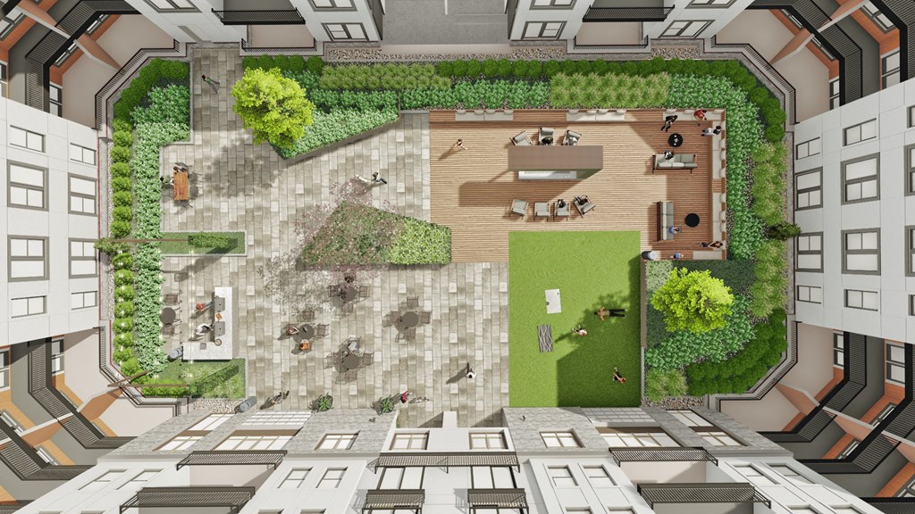 a rendering of an aerial view of a courtyard in a building