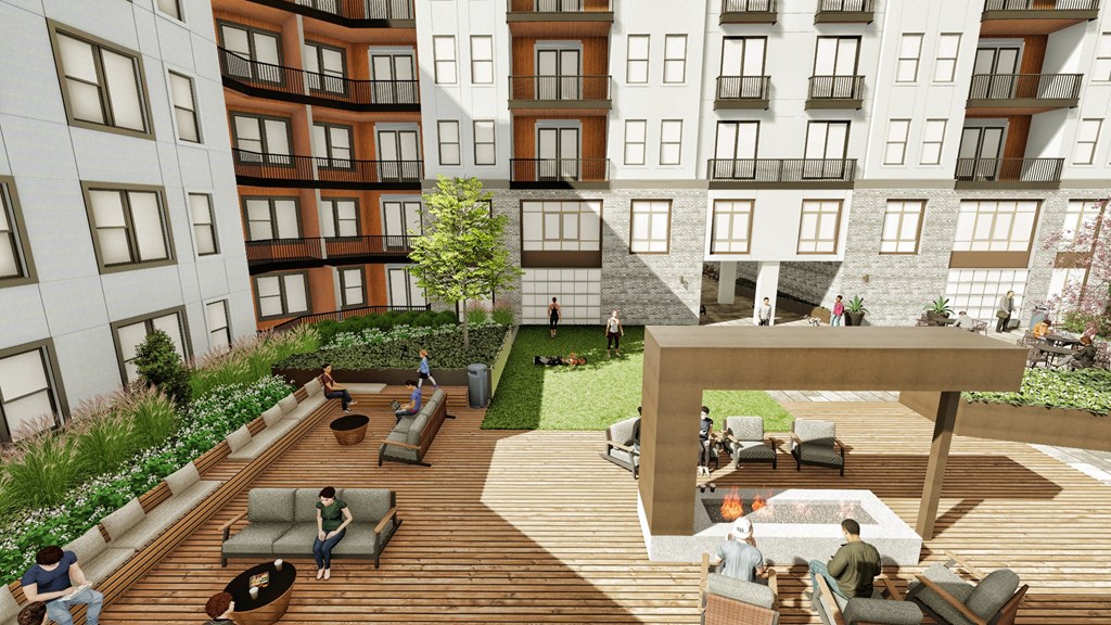 a rendering of an apartment building with a communal courtyard