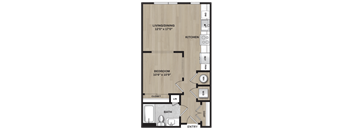 A floor plan of a small apartment with a living/dining area, kitchen, bedroom, bathroom, closet, and entry.