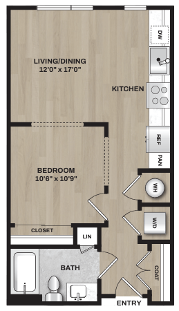A floor plan of a small apartment with a living/dining area, kitchen, bedroom, bathroom, closet, and entry.