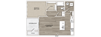 A floor plan of a small apartment with a bedroom, living room, and storage.