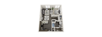 A 3D floor plan of a small apartment with a kitchen, living room, and bathroom.