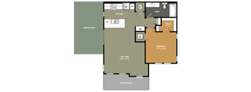A floor plan of a house with a bedroom, bathroom, kitchen, and living area.