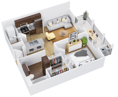 3d floor plan of a house with bedrooms and a living room
