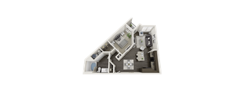 A 3D rendered image of a house layout.