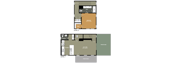 A floor plan of a two-story home with a bedroom, bathroom, kitchen, and living area.