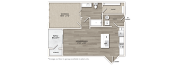 A floor plan of a house with a bedroom, living/dining area, and storage.
