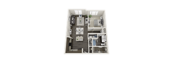 A 3D floor plan of a small apartment with a living room, kitchen, and bathroom.