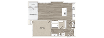 A floor plan of a house with a living room, dining room, bedroom, and bathroom.