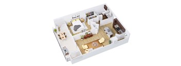 3d floor plan of a house with a bedroom and living room