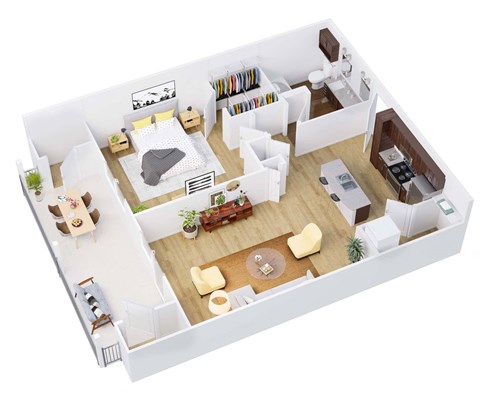 3d floor plan of a house with a bedroom and living room