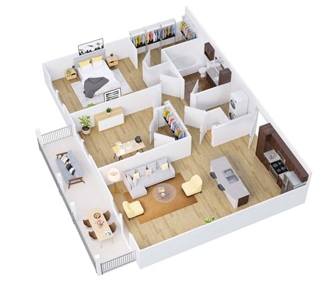 a 3d floor plan of a house with a living room and a dining room