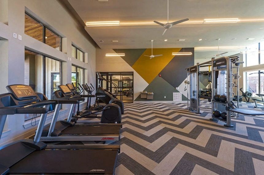 a gym with cardio equipment and a chevron rug