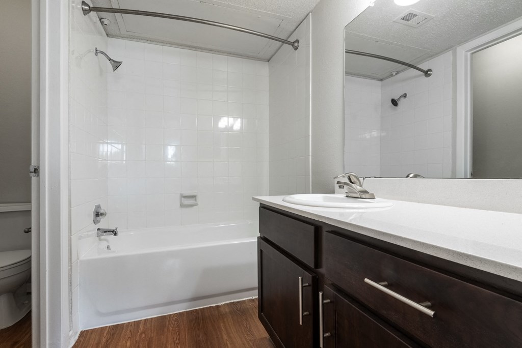 the preserve at ballantyne commons apartment bathroom with tub and sink and mirror