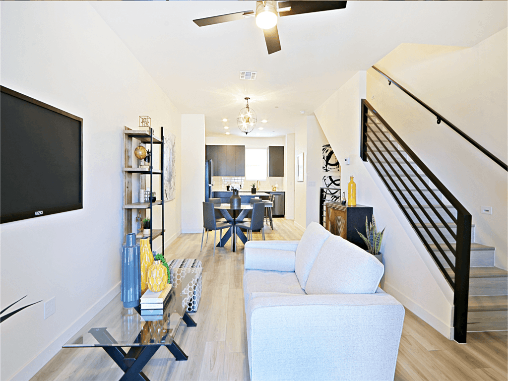 Living Room With Kitchen View at Scottsdale Hayden Townhomes, Scottsdale, AZ, 85257