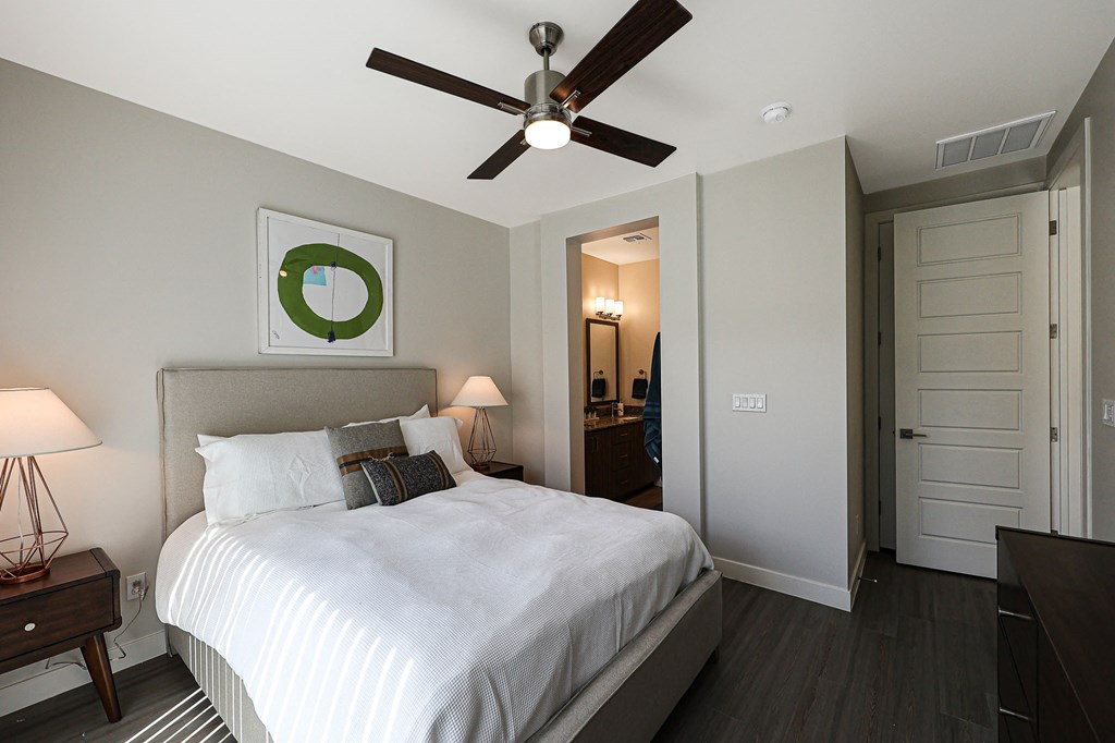a bedroom with a bed and a ceiling fan at Scottsdale Hayden Townhomes, Scottsdale, AZ, 85257