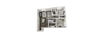 A detailed 3D model of a house layout with various rooms and furniture.
