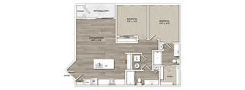A floor plan of a house with two bedrooms, a living area, and a storage space.