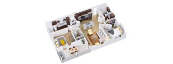 3d floor plan of a home with a bedroom and living room