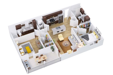 3d floor plan of a home with a bedroom and living room