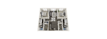 A 3D floor plan of a house with a kitchen, living room, and two bedrooms.