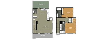 A floor plan shows a two-story home with a private yard, kitchen, dining area, two bedrooms, and a front porch.