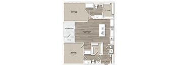 A floor plan of a home with two bedrooms, a living/dining area, and a storage space.