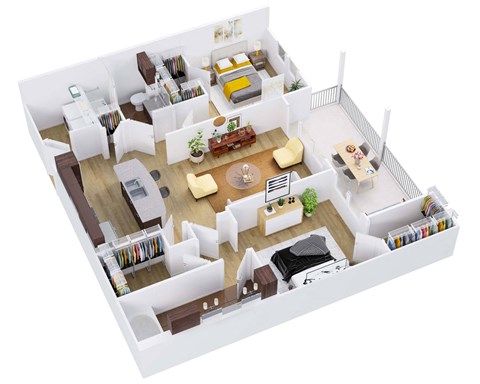 3d floor plan of a house with bedrooms and a living room