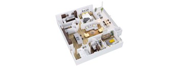 3d floor plan of a house with bedrooms and a living room